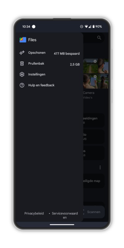 Google Files app met zijmenu open.