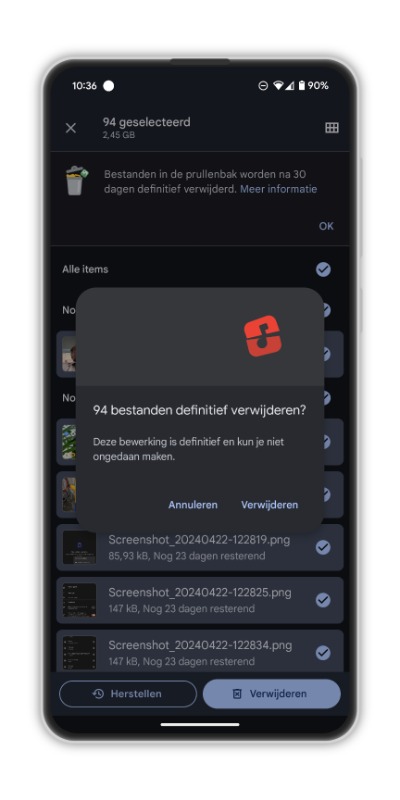 Pop-up om het verwijderen te bevestigen.