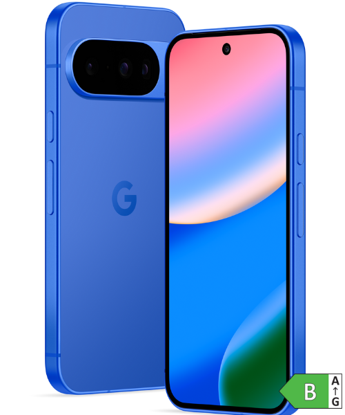de Google Pixel 10 in het blauw.